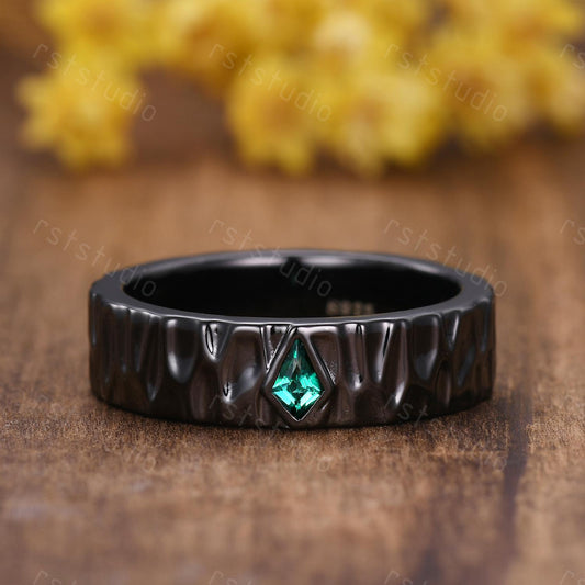 Emerald Kite Cut Couples Ring Set: Black Silver Wedding Bands