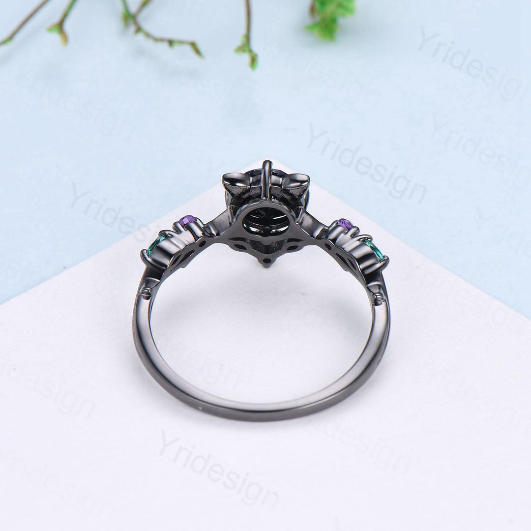 Unique Blue Sapphire Ring Black Gold Cat Engagement Ring Black Gold Animal Inspired Amethyst Emerald Band September Birthstone Promise Gift - PENFINE