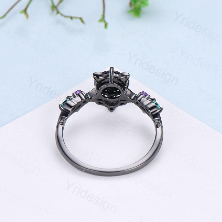 Unique Blue Sapphire Ring Black Gold Cat Engagement Ring Black Gold Animal Inspired Amethyst Emerald Band September Birthstone Promise Gift - PENFINE