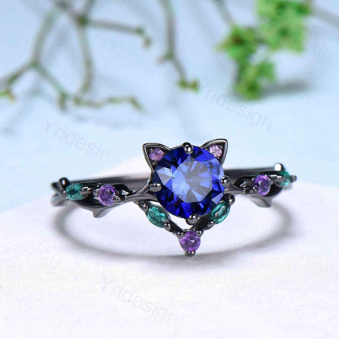 Unique Blue Sapphire Ring Black Gold Cat Engagement Ring Black Gold Animal Inspired Amethyst Emerald Band September Birthstone Promise Gift - PENFINE