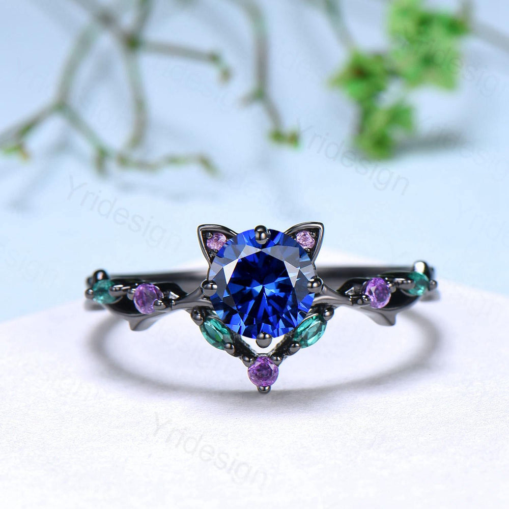Unique Blue Sapphire Ring Black Gold Cat Engagement Ring Black Gold Animal Inspired Amethyst Emerald Band September Birthstone Promise Gift - PENFINE