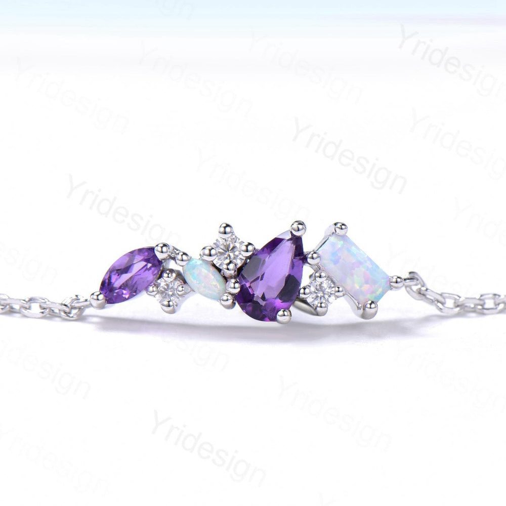 Dainty Pear Shaped Amethyst Bracelet Multi-Stone Baguette Opal Moissanite Lobster Claw Bracelet Silver White Gold Art Deco Anniversary Gift - PENFINE