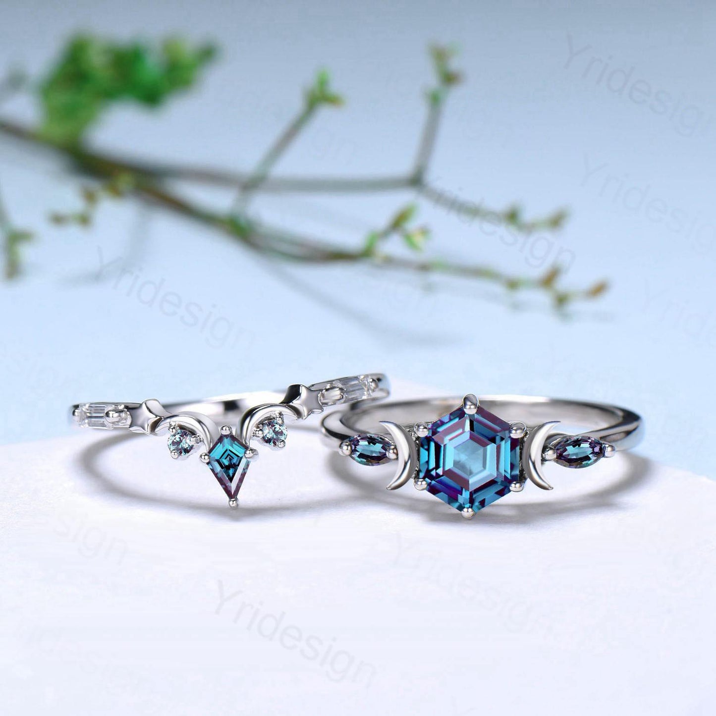 Vintage Hexagon Cut Alexandrite Engagement Ring Set, Promise Ring June birthstone Gift For Her, Cluster Emerald Bridal Set, Moon Star Ring - PENFINE