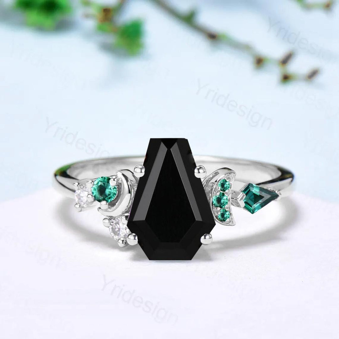 Coffin cut black onyx ring Black gold gothic engagement ring moon design cluster emerald wedding ring vintage anniversary promise ring women - PENFINE
