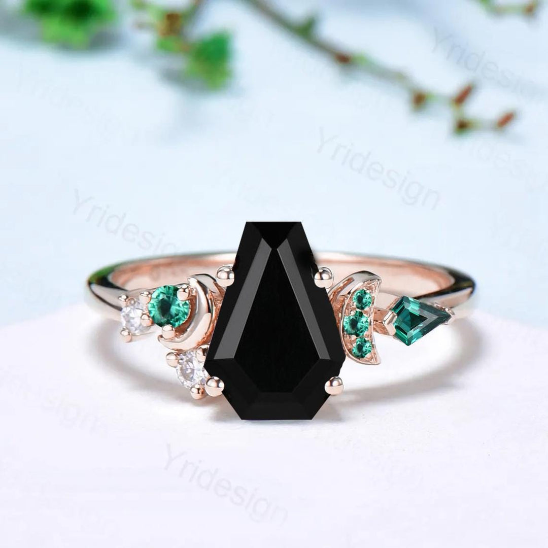Coffin cut black onyx ring Black gold gothic engagement ring moon design cluster emerald wedding ring vintage anniversary promise ring women - PENFINE
