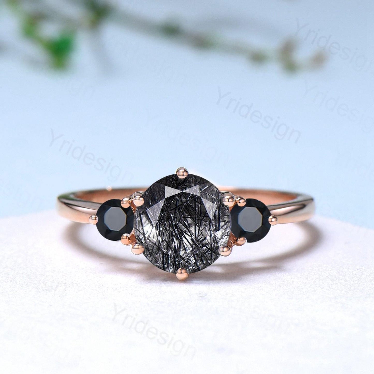 Vintage black rutilated quartz engagement ring set Three stone black spinel wedding ring set for women Quartz crystal bridal birthday gift - PENFINE