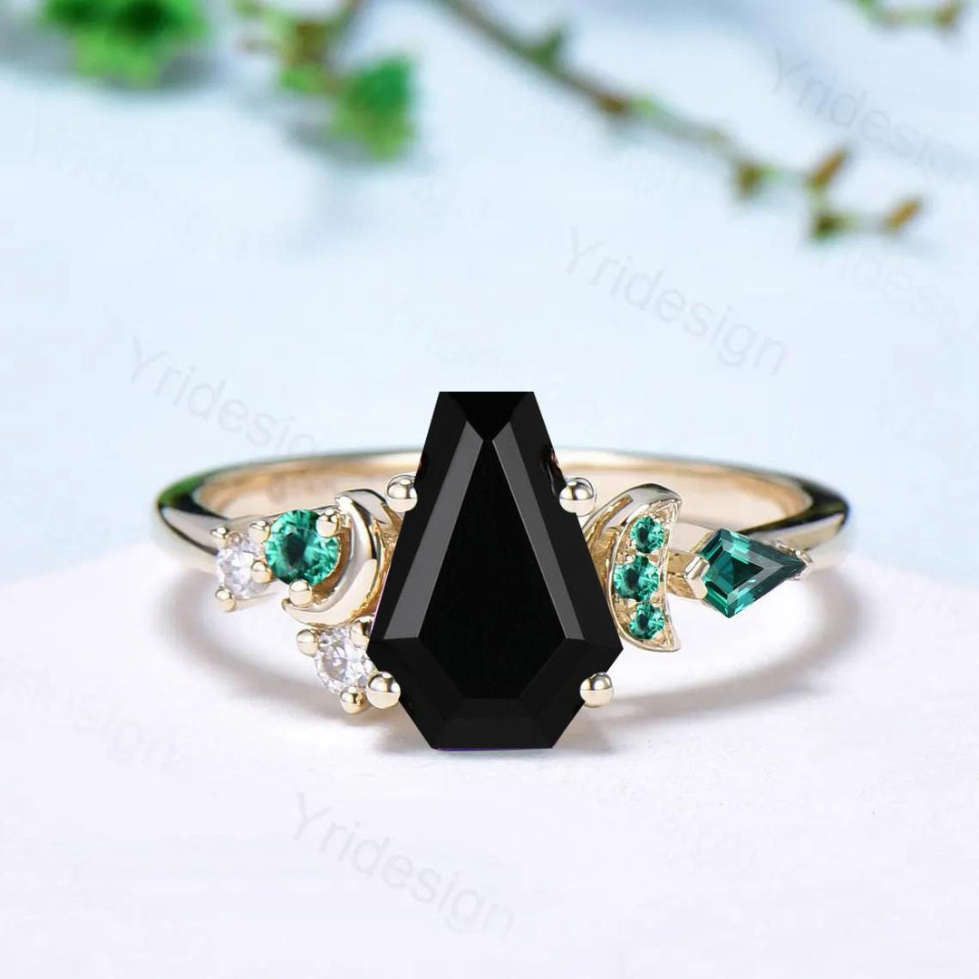 Coffin cut black onyx ring Black gold gothic engagement ring moon design cluster emerald wedding ring vintage anniversary promise ring women - PENFINE