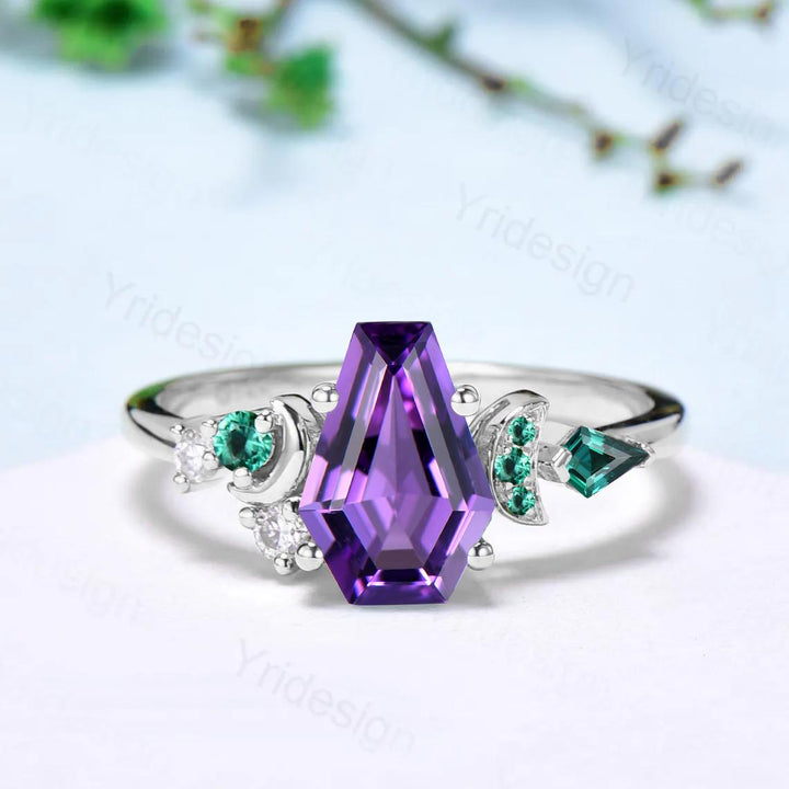 Unique moon amethyst ring, Coffin February birthstone engagement ring, cluster kite emerald wedding ring, perfect promise anniversary gift - PENFINE