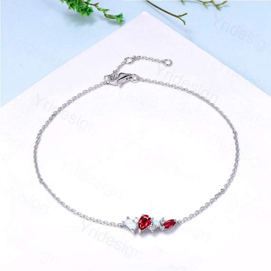 Elegant Pear Shaped Lab Ruby Bracelet Multi-Stone Baguette White Fire Opal Lobster Claw Bracelet Silver Gold Art Deco Anniversary Gift Women - PENFINE