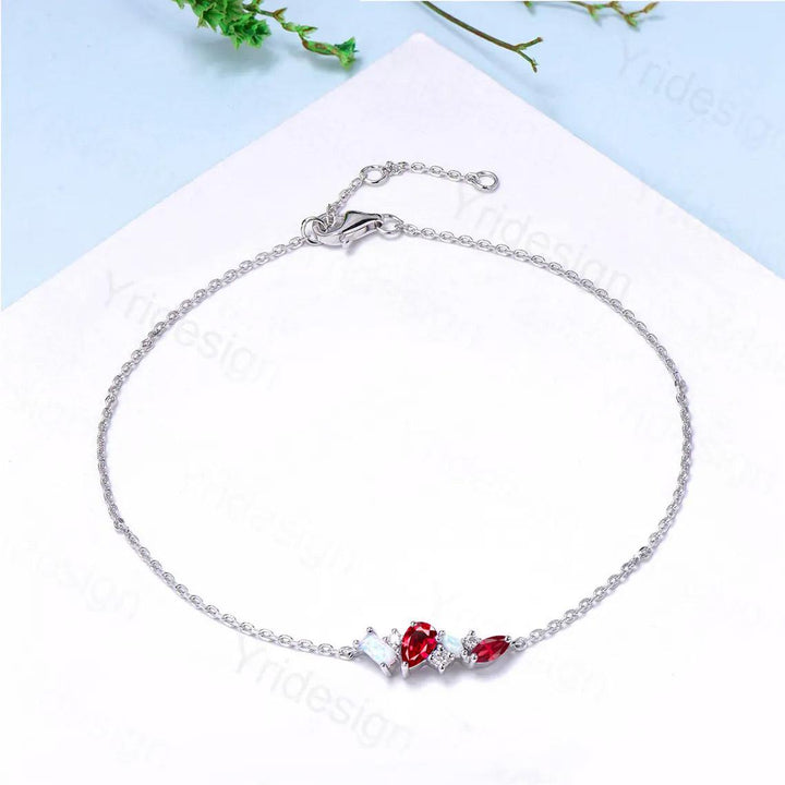 Elegant Pear Shaped Lab Ruby Bracelet Multi-Stone Baguette White Fire Opal Lobster Claw Bracelet Silver Gold Art Deco Anniversary Gift Women - PENFINE