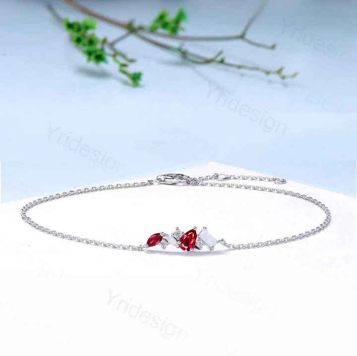 Elegant Pear Shaped Lab Ruby Bracelet Multi-Stone Baguette White Fire Opal Lobster Claw Bracelet Silver Gold Art Deco Anniversary Gift Women - PENFINE