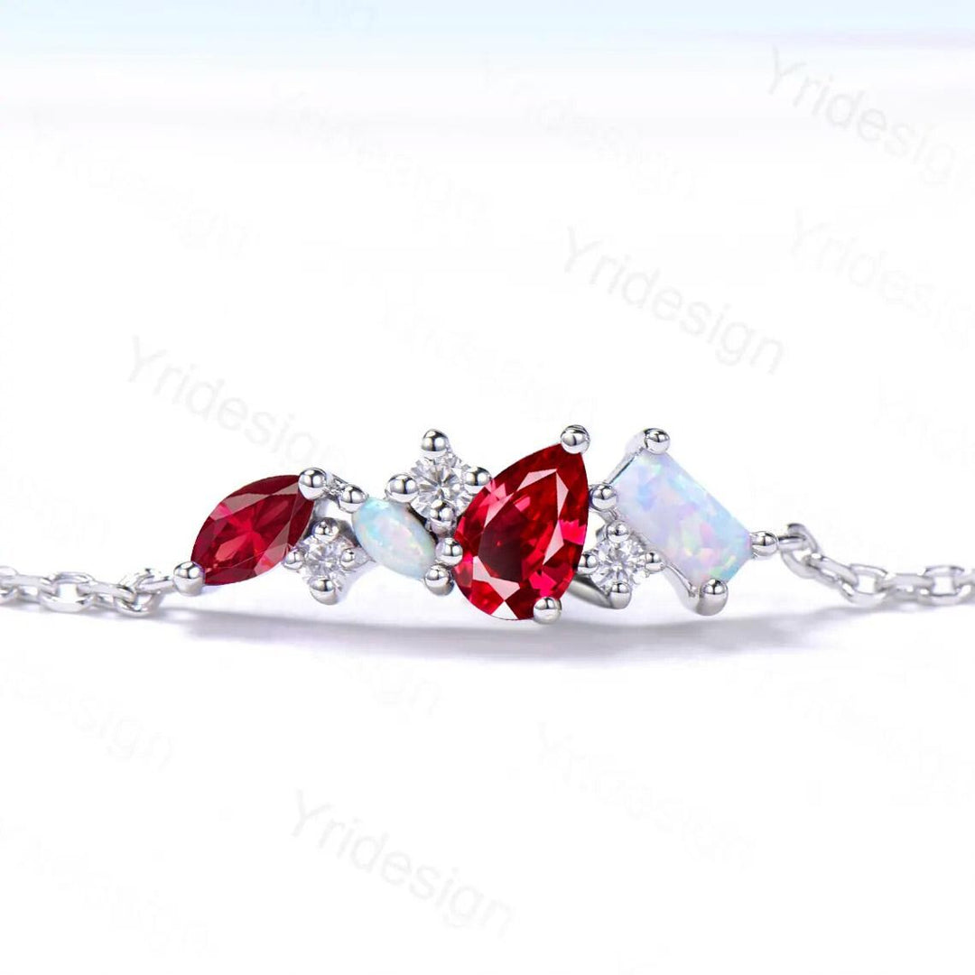 Elegant Pear Shaped Lab Ruby Bracelet Multi-Stone Baguette White Fire Opal Lobster Claw Bracelet Silver Gold Art Deco Anniversary Gift Women - PENFINE