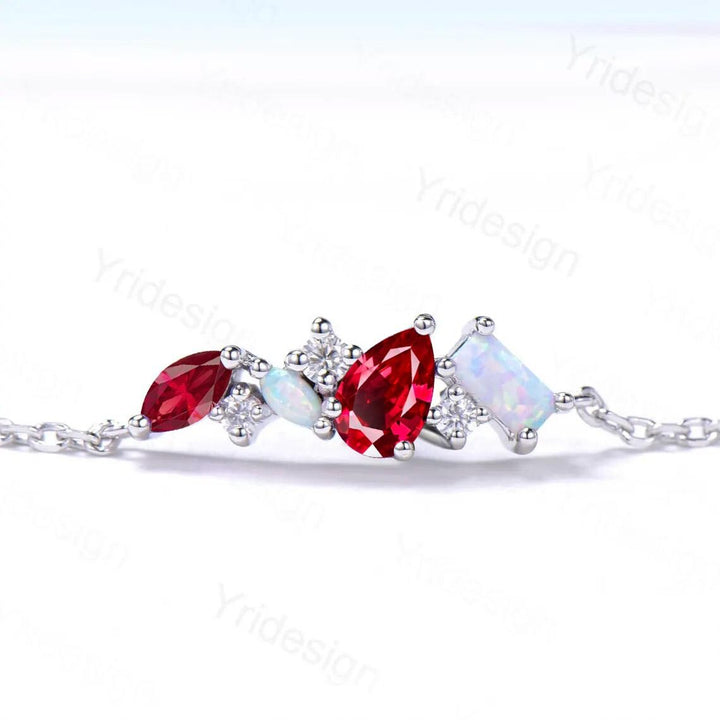 Elegant Pear Shaped Lab Ruby Bracelet Multi-Stone Baguette White Fire Opal Lobster Claw Bracelet Silver Gold Art Deco Anniversary Gift Women - PENFINE
