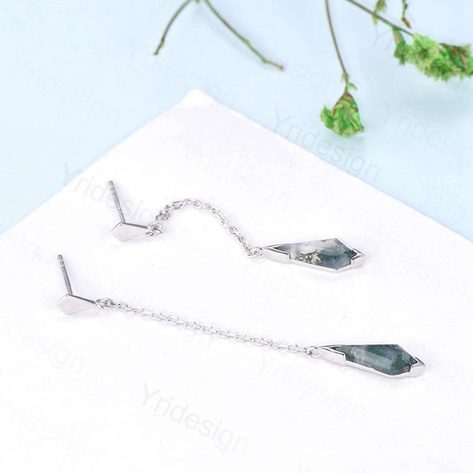 Kite Cut Moss Agate 14K Gold Dangle Earrings, Fine Jewelry - PENFINE