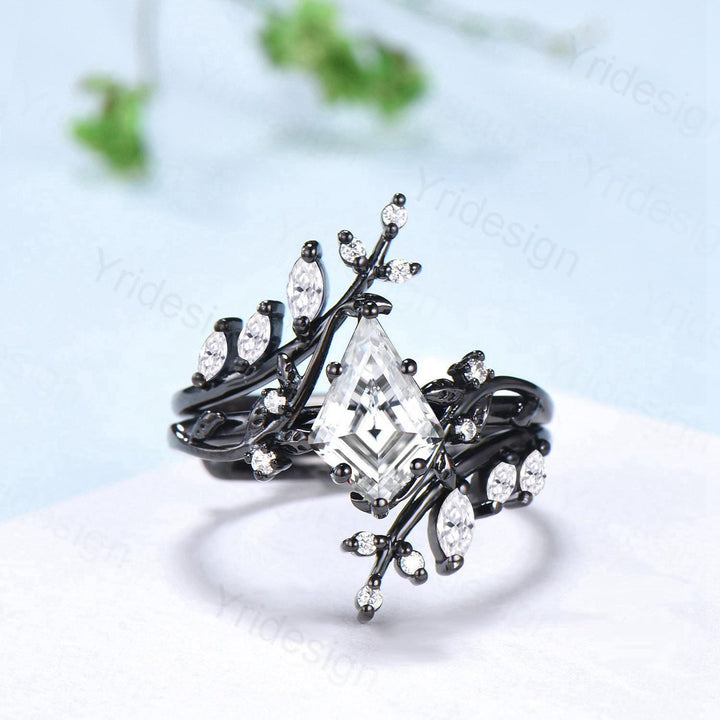 Unique gothic kite cut diamond engagement ring set black gold  IGI lab grown diamond engagement ring leaf vine nature inspired wedding set - PENFINE