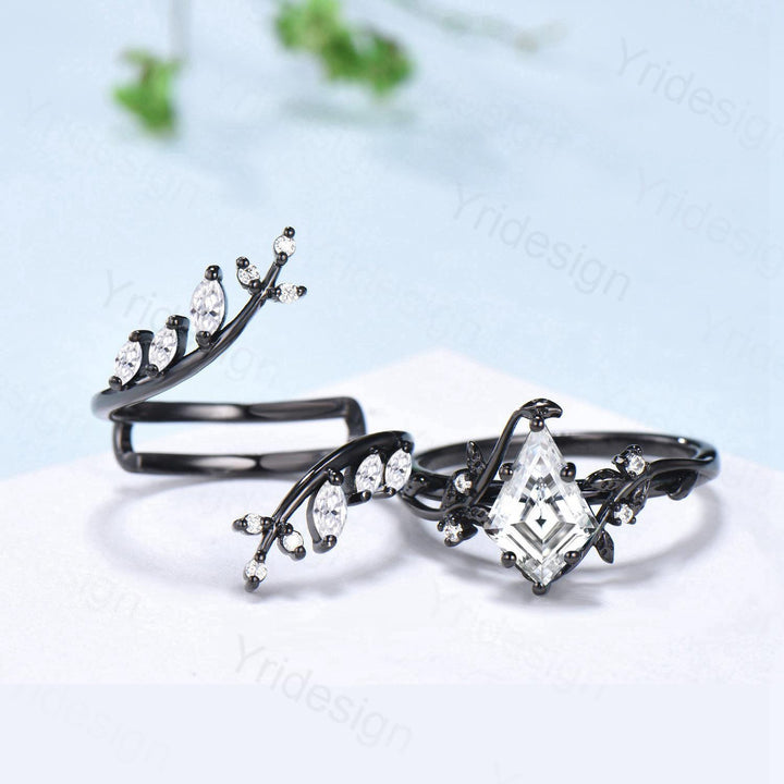 Unique gothic kite cut diamond engagement ring set black gold  IGI lab grown diamond engagement ring leaf vine nature inspired wedding set - PENFINE
