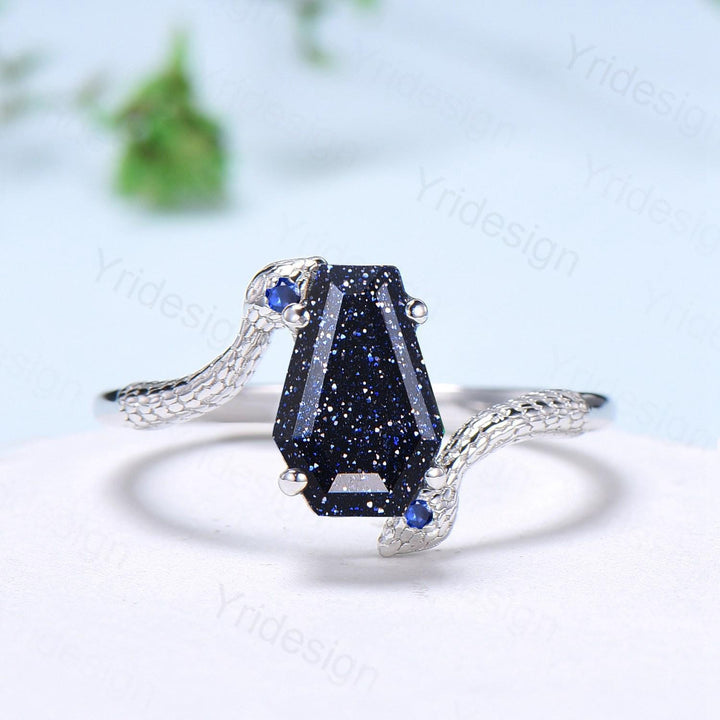 Unique Snake blue sandstone engagement ring cold-blooded coffin shaped galaxy star three stone wedding ring women anniversary promise gift - PENFINE