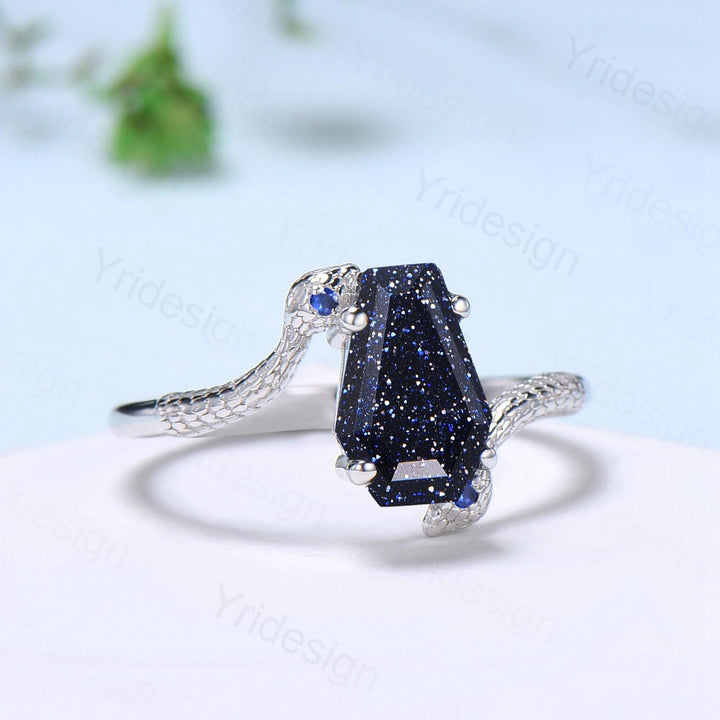 Unique Snake blue sandstone engagement ring cold-blooded coffin shaped galaxy star three stone wedding ring women anniversary promise gift - PENFINE