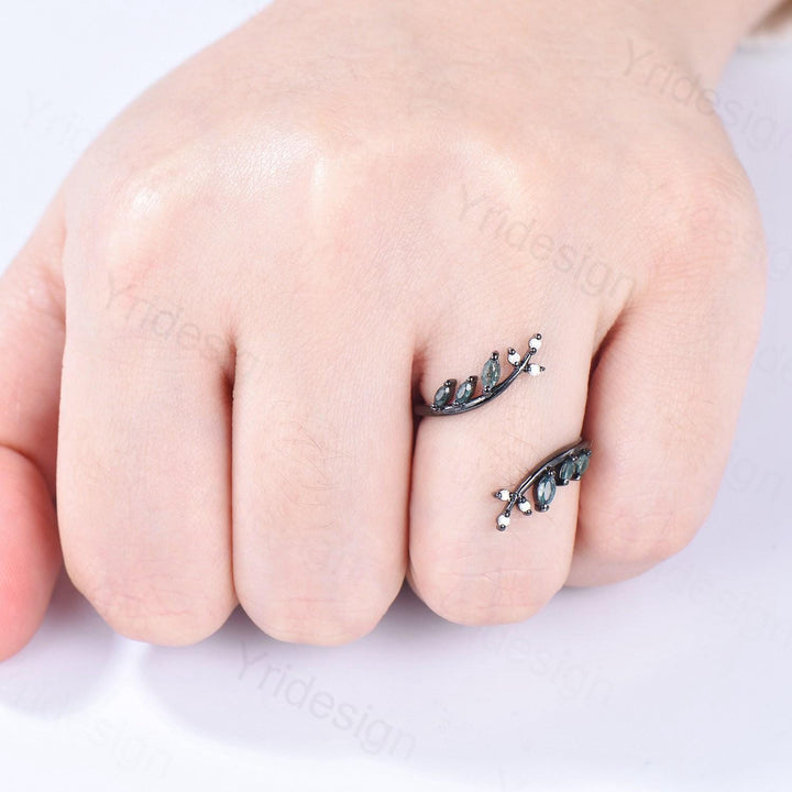 Gothic Black Gold Moss Agate Wedding Bands Women Nature Inspired Marquise Cut Green Agate Unique Double Enhance Matching Stacking Band Women - PENFINE