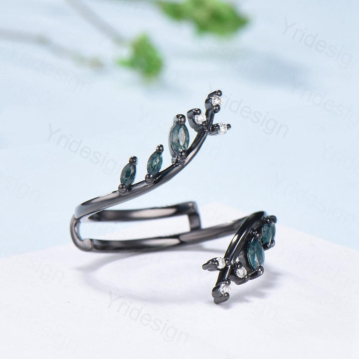 Gothic Black Gold Moss Agate Wedding Bands Women Nature Inspired Marquise Cut Green Agate Unique Double Enhance Matching Stacking Band Women - PENFINE