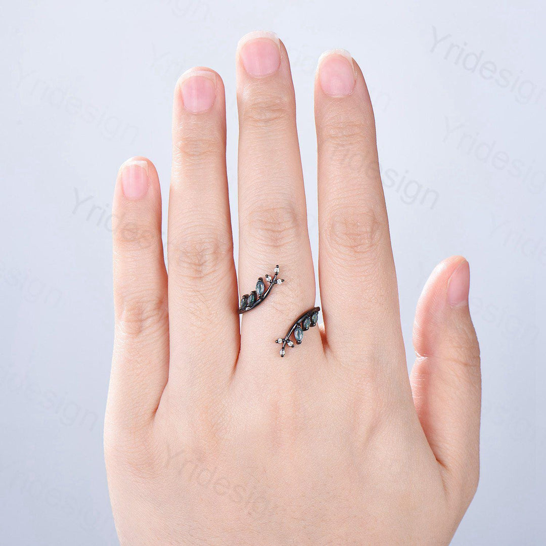 Gothic Black Gold Moss Agate Wedding Bands Women Nature Inspired Marquise Cut Green Agate Unique Double Enhance Matching Stacking Band Women - PENFINE