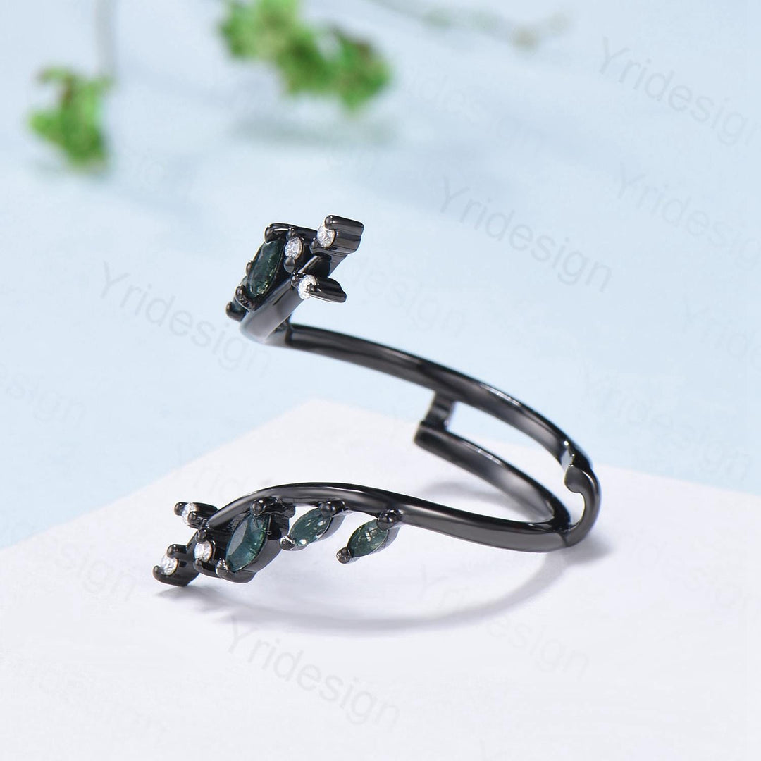 Gothic Black Gold Moss Agate Wedding Bands Women Nature Inspired Marquise Cut Green Agate Unique Double Enhance Matching Stacking Band Women - PENFINE
