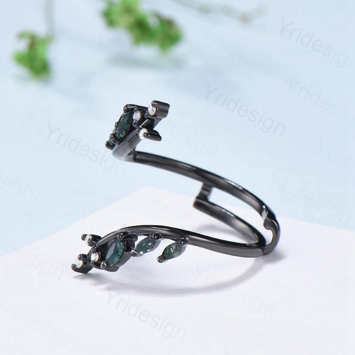 Gothic Black Gold Moss Agate Wedding Bands Women Nature Inspired Marquise Cut Green Agate Unique Double Enhance Matching Stacking Band Women - PENFINE