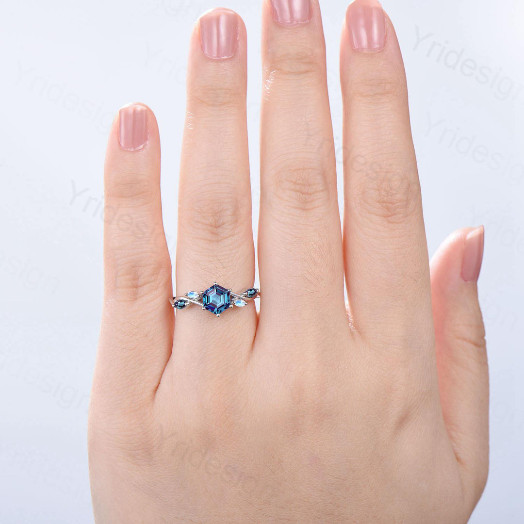 Five stone blue sapphire engagement ring emerald cut twig vine September birthstone engagement ring marquise sapphire anniversary gift women - PENFINE
