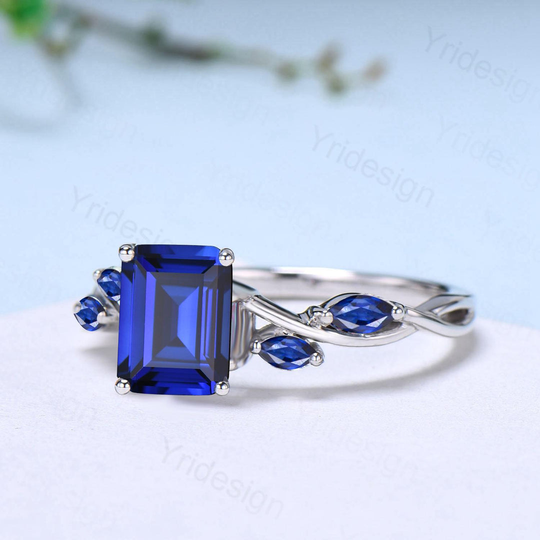 Five stone blue sapphire engagement ring emerald cut twig vine September birthstone engagement ring marquise sapphire anniversary gift women - PENFINE
