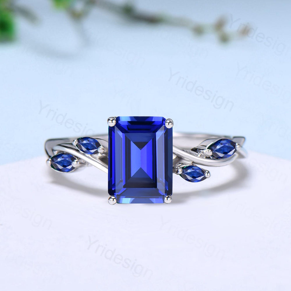 Five stone blue sapphire engagement ring emerald cut twig vine September birthstone engagement ring marquise sapphire anniversary gift women - PENFINE
