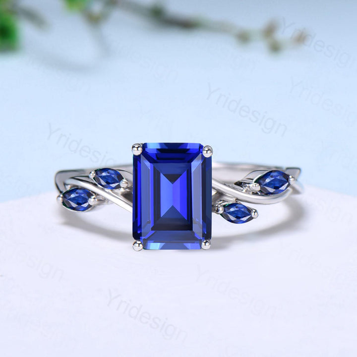 Five stone blue sapphire engagement ring emerald cut twig vine September birthstone engagement ring marquise sapphire anniversary gift women - PENFINE