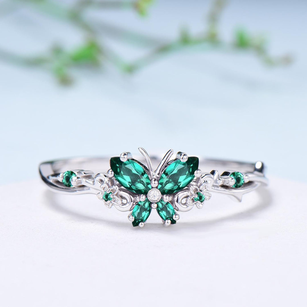 Vintage Butterfly Emerald Engagement Ring Unique marquise cut green gemstone silver white gold flower promise ring anniversary gift women - PENFINE