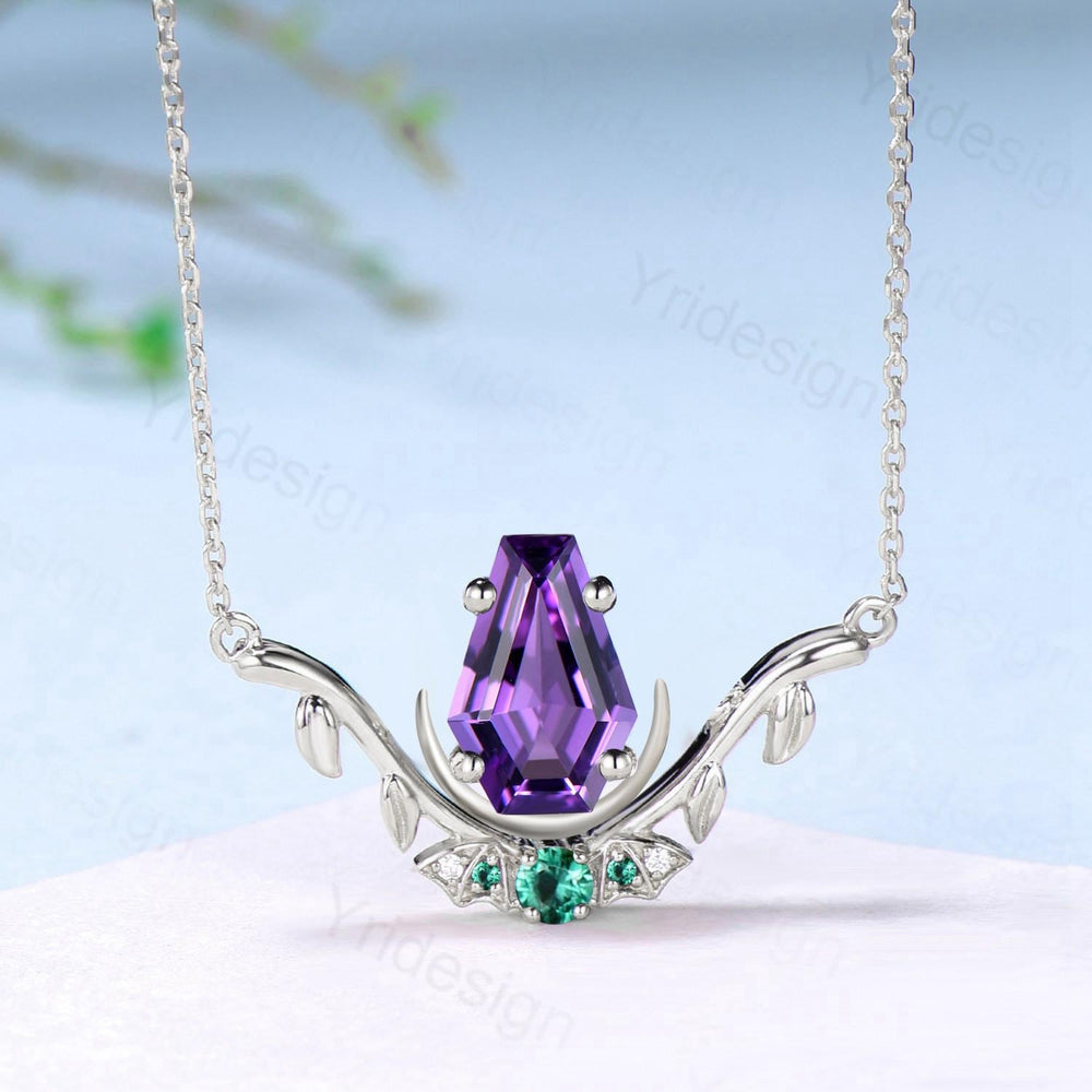 Unique Coffin Cut Amethyst Pendant Necklace Night Moon Bat Necklace Emerald Leaf Vine Branch Necklace Art Deco Anniversary gift for Women - PENFINE
