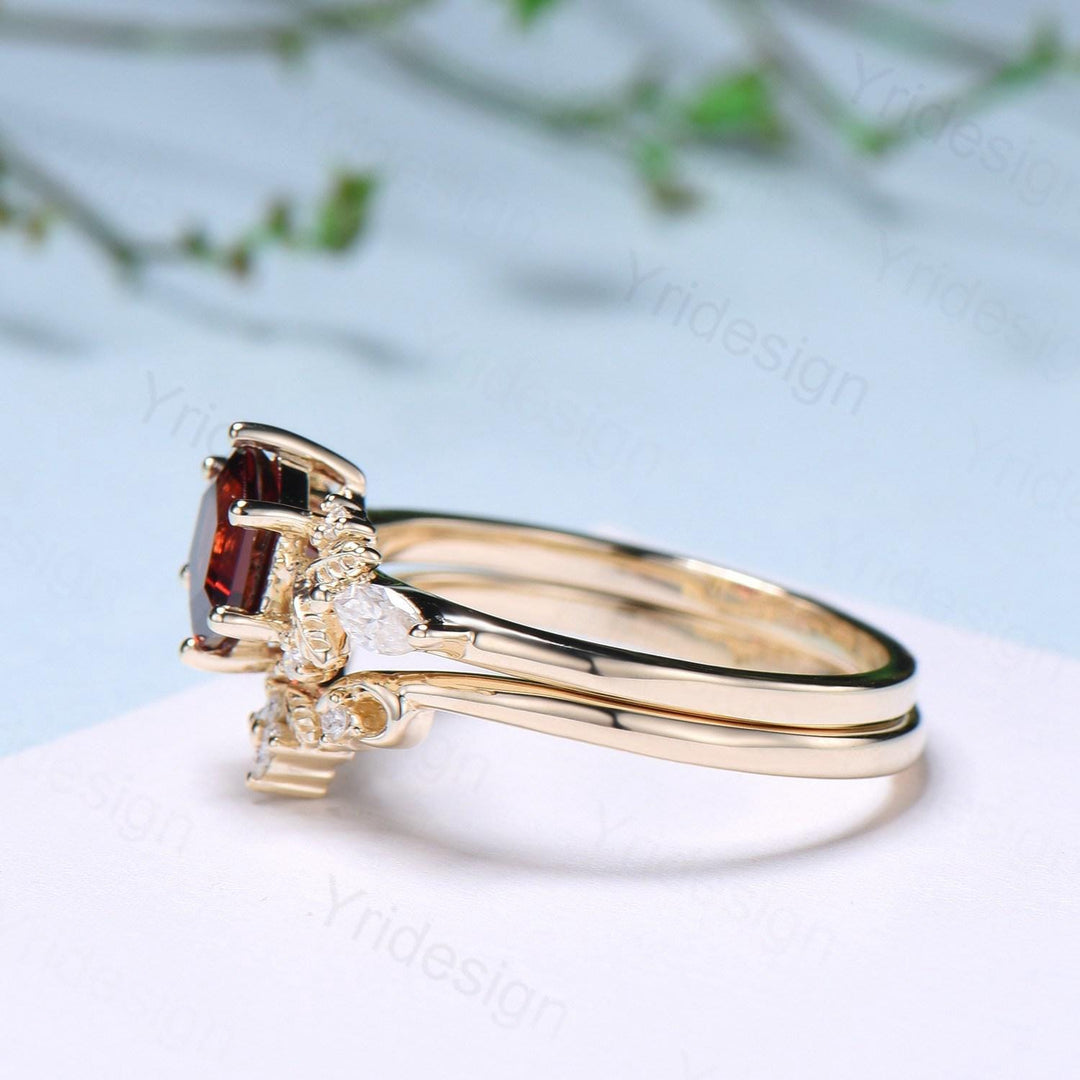 Nature inspired hexagon garnet engagement ring set 14k yellow gold unique leaf vine garnet wedding ring set January birthstone jewelry women - PENFINE