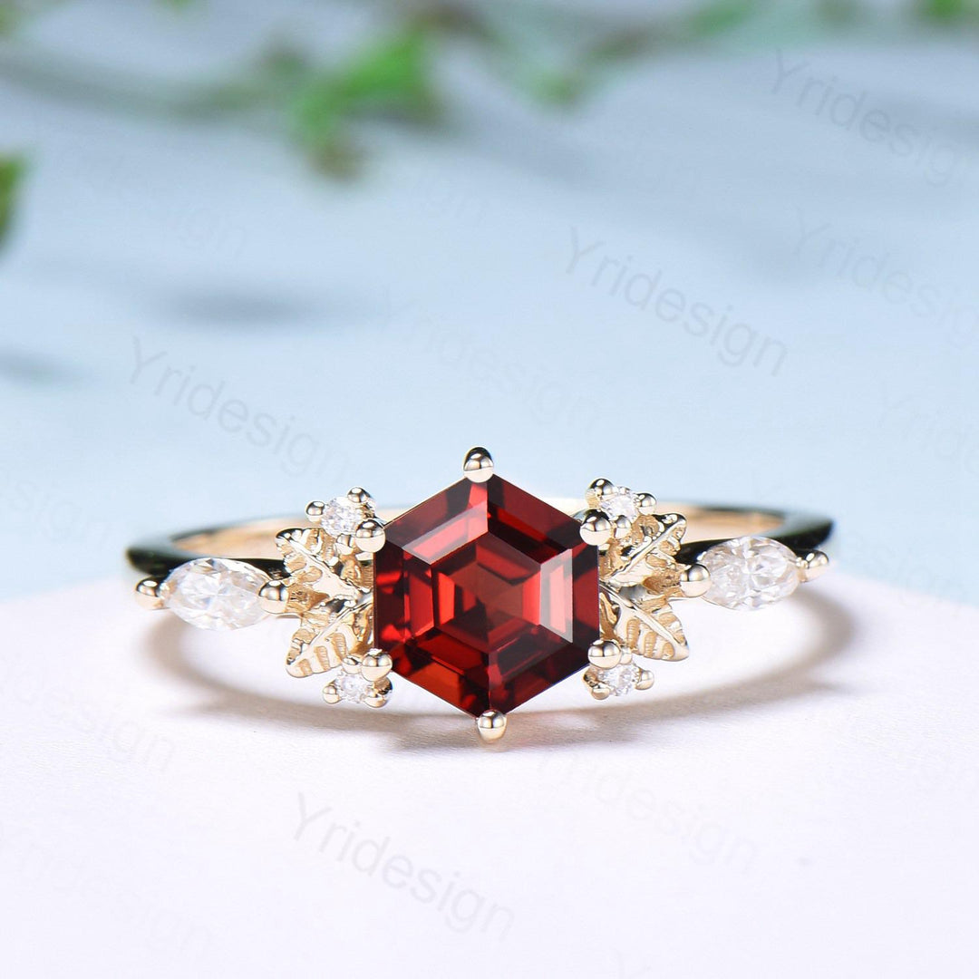 Nature inspired hexagon garnet engagement ring set 14k yellow gold unique leaf vine garnet wedding ring set January birthstone jewelry women - PENFINE