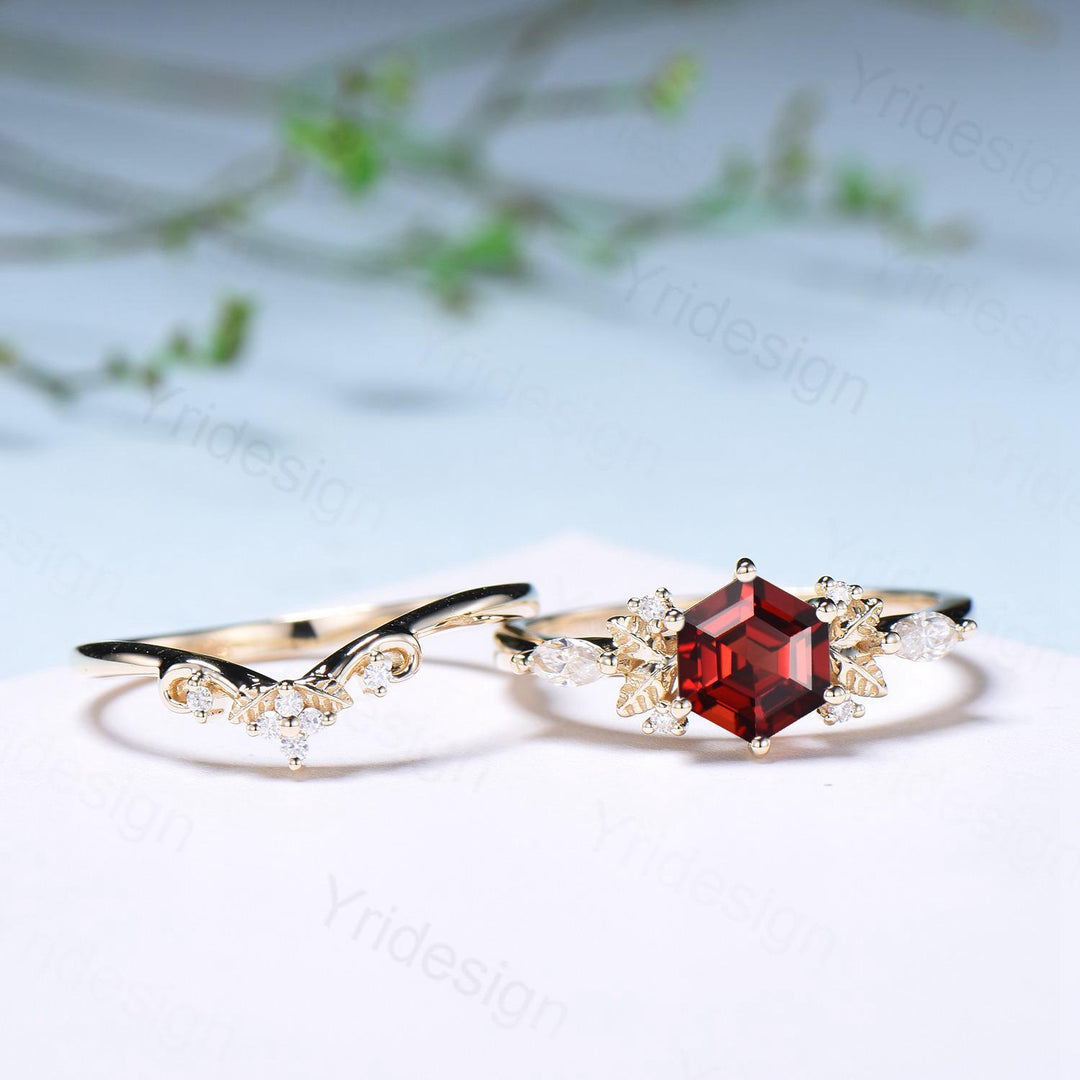 Nature inspired hexagon garnet engagement ring set 14k yellow gold unique leaf vine garnet wedding ring set January birthstone jewelry women - PENFINE