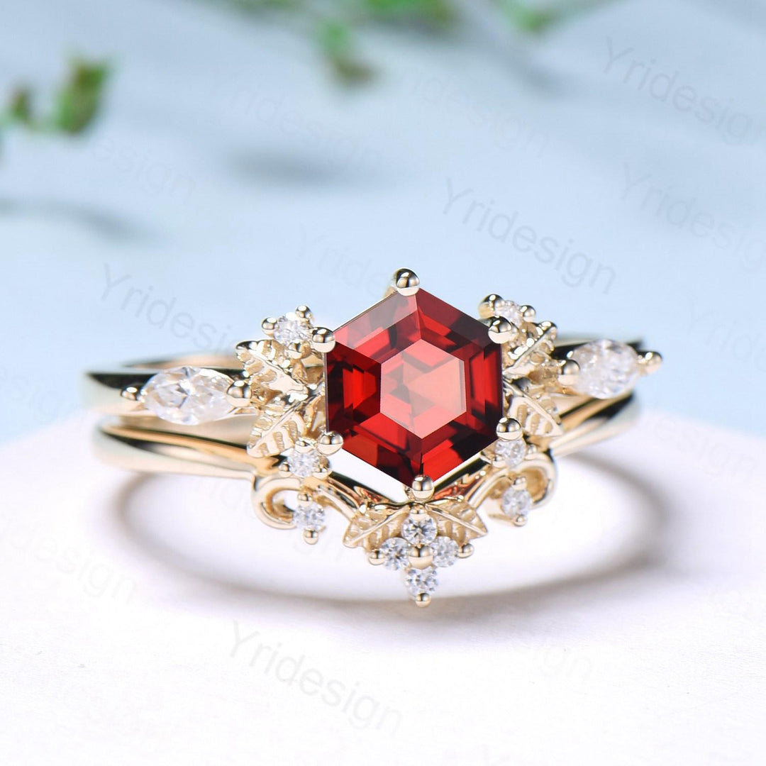 Nature inspired hexagon garnet engagement ring set 14k yellow gold unique leaf vine garnet wedding ring set January birthstone jewelry women - PENFINE