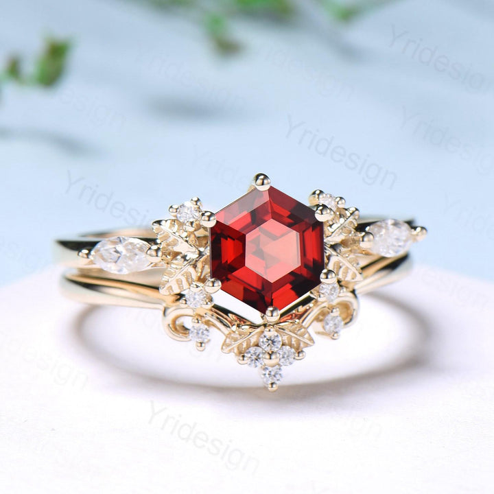 Nature inspired hexagon garnet engagement ring set 14k yellow gold unique leaf vine garnet wedding ring set January birthstone jewelry women - PENFINE