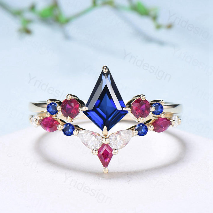 Vintage Kite Cut Sapphire Engagement Ring Set Five Stone Sapphire Ruby Wedding ring Set 14K Yellow Gold Art Deco 2pcs Bridal Ring Set Women - PENFINE