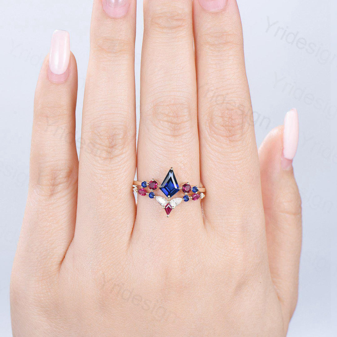 Vintage Kite Cut Sapphire Engagement Ring Set Five Stone Sapphire Ruby Wedding ring Set 14K Yellow Gold Art Deco 2pcs Bridal Ring Set Women - PENFINE