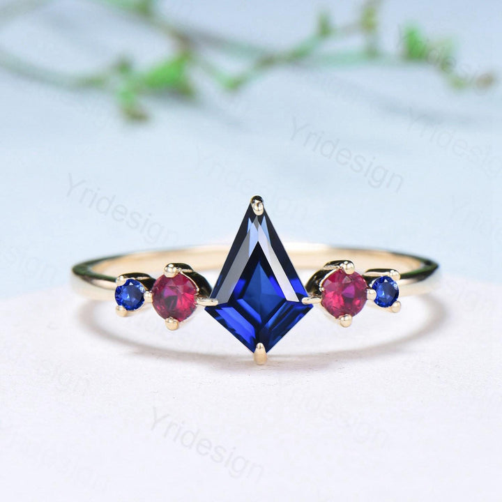 Vintage Kite Cut Sapphire Engagement Ring Set Five Stone Sapphire Ruby Wedding ring Set 14K Yellow Gold Art Deco 2pcs Bridal Ring Set Women - PENFINE