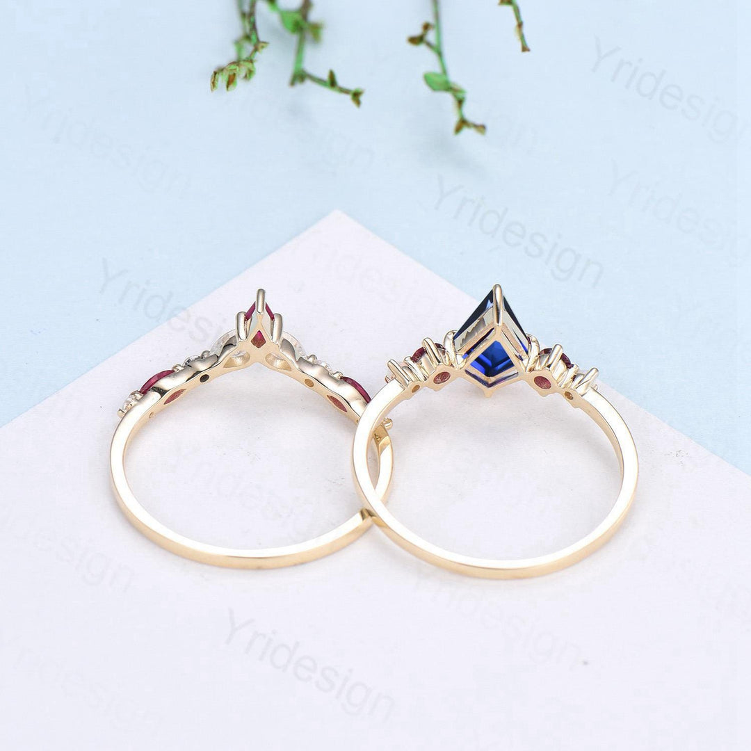 Vintage Kite Cut Sapphire Engagement Ring Set Five Stone Sapphire Ruby Wedding ring Set 14K Yellow Gold Art Deco 2pcs Bridal Ring Set Women - PENFINE