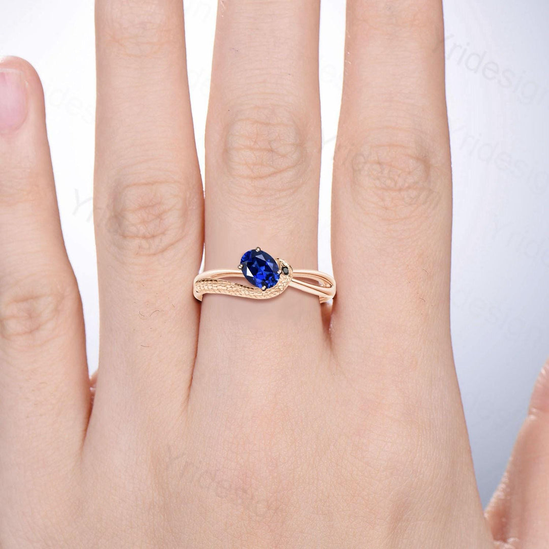 Snake Sapphire Engagement Ring Gold, 14K Solid Gold Gothic Ring for Women, Serpent Ring, Animal Ring,Split Shank Black Spinel Snake Eye Ring - PENFINE