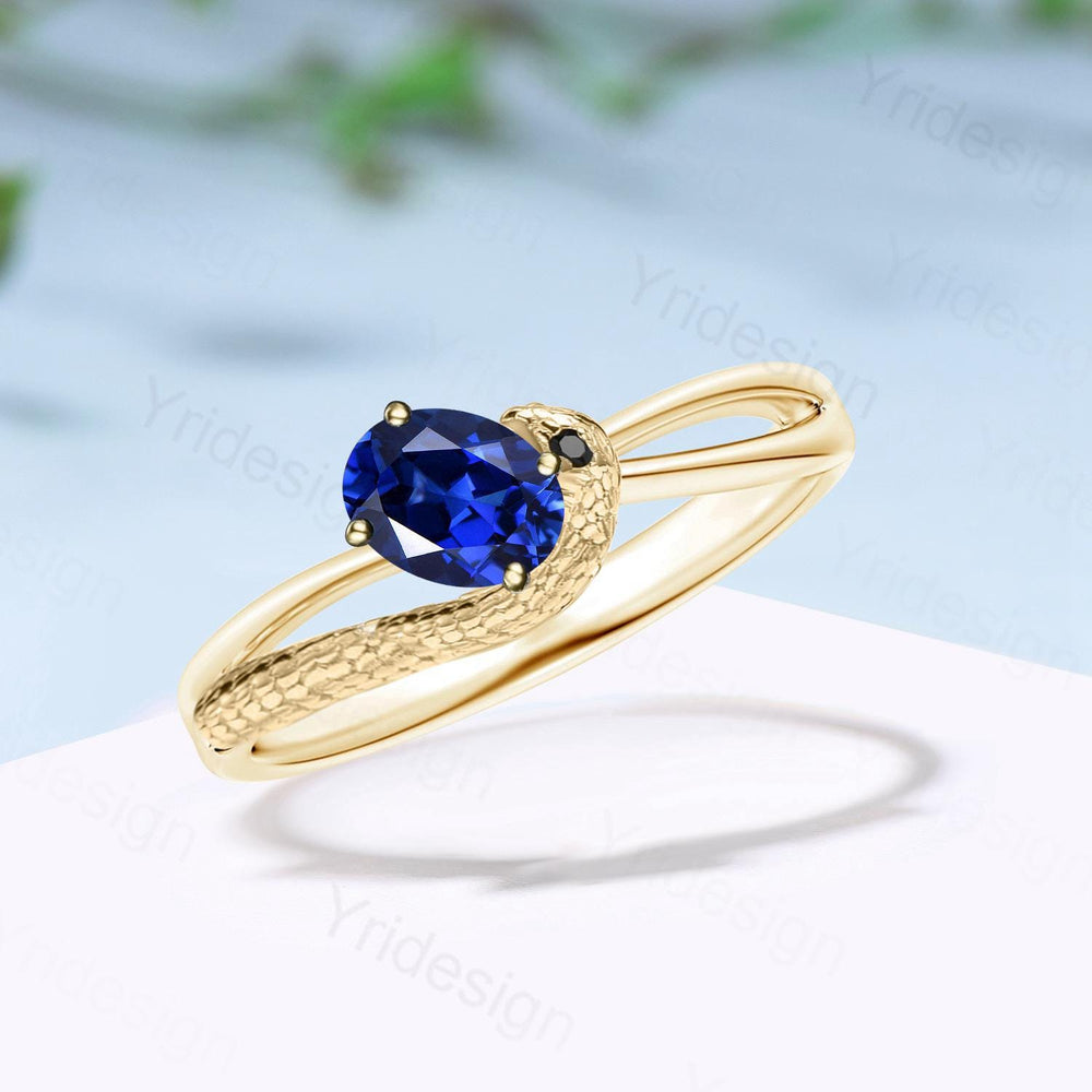 Snake Sapphire Engagement Ring Gold, 14K Solid Gold Gothic Ring for Women, Serpent Ring, Animal Ring,Split Shank Black Spinel Snake Eye Ring - PENFINE