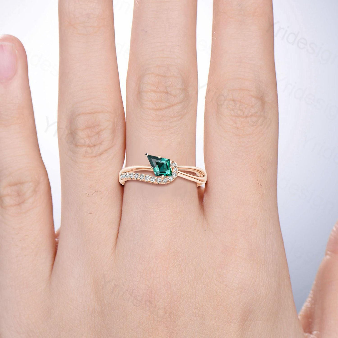 Unique Kite cut emerald engagement ring split shank silver rose gold green stone eternity may birthstone wedding ring mom anniversary gifts - PENFINE