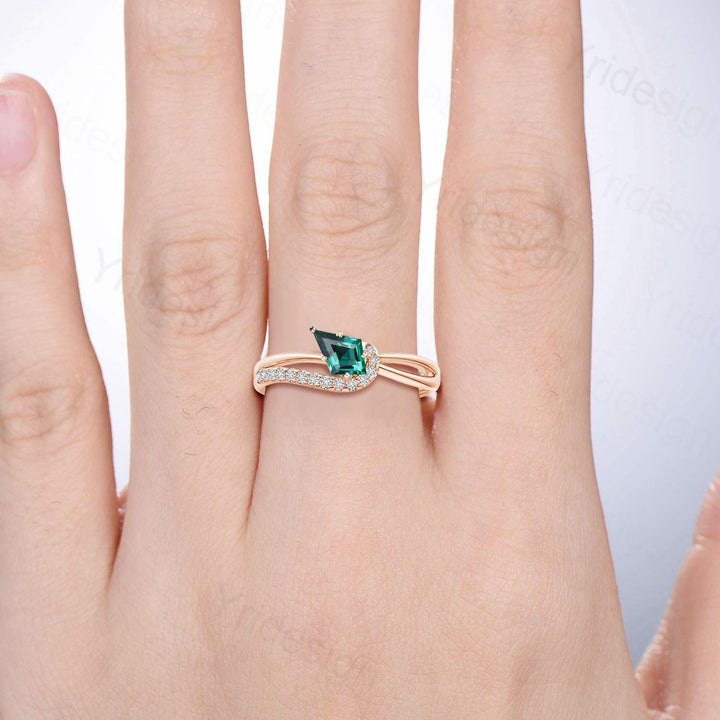 Unique Kite cut emerald engagement ring split shank silver rose gold green stone eternity may birthstone wedding ring mom anniversary gifts - PENFINE