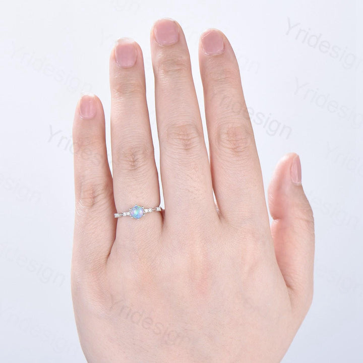 Dainty Natural Fire Opal Ring Natural Inspired White Opal Diamond Engagement Ring White Gold Minimalist Bridal Anniversary Ring for Women - PENFINE