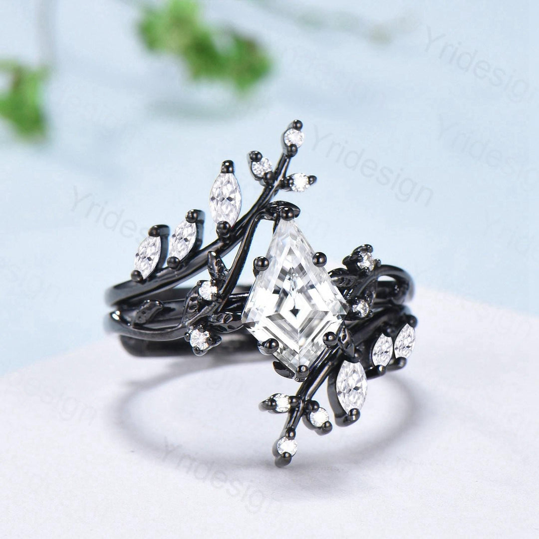 Unique gothic kite cut diamond engagement ring set black gold  IGI lab grown diamond engagement ring leaf vine nature inspired wedding set - PENFINE