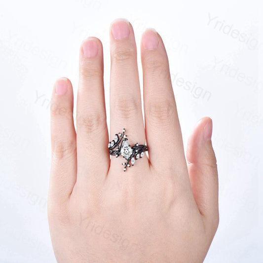 Unique gothic kite cut diamond engagement ring set black gold IGI lab grown diamond engagement ring leaf vine nature inspired wedding set - PENFINE