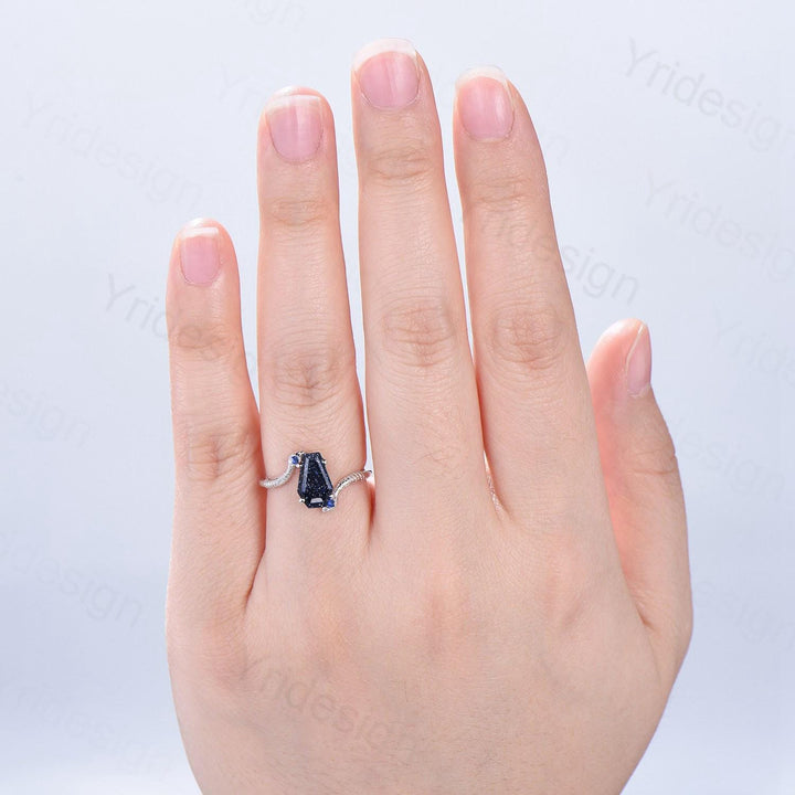 Unique Snake blue sandstone engagement ring cold-blooded coffin shaped galaxy star three stone wedding ring women anniversary promise gift - PENFINE